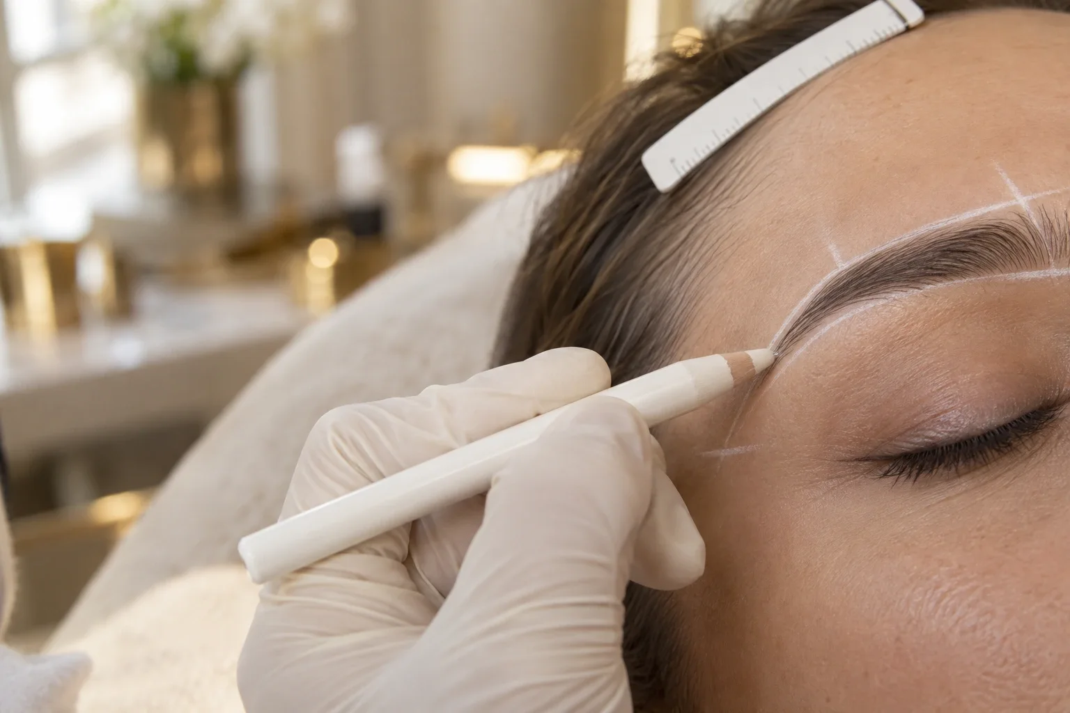 Vorzeichnen der Augenbraue mit weissem Stift und Brauenlineal vor Combo Brows in einem Salon in Genf