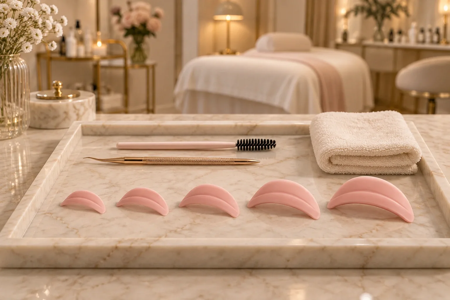 Lash lift silicone shields in graduated sizes, from small to large, with a lash separating tool and spoolie