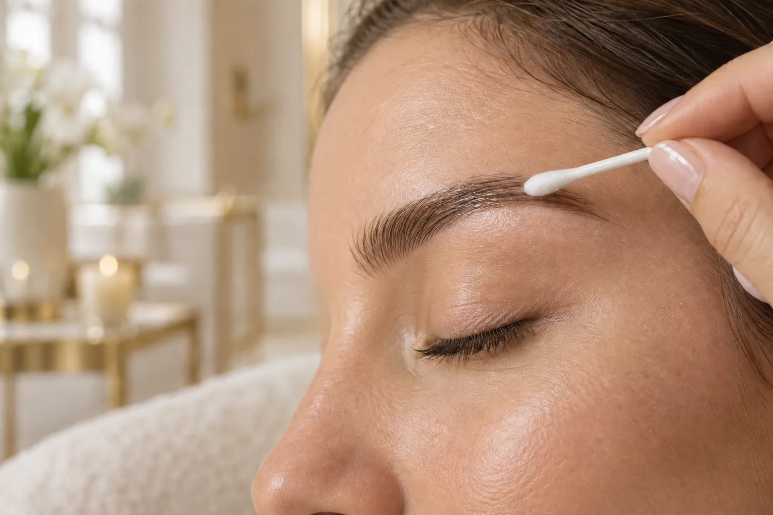 Application d'une fine couche de baume au coton-tige sur un sourcil après microblading